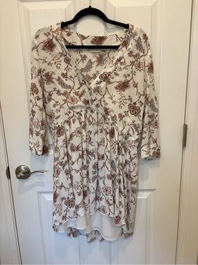 Hinge Cream Floral Wrap Tunic with Brown Accents. #1006